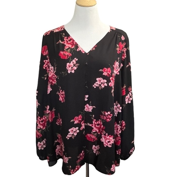 Lane Bryant Pink & Black Floral V-Neck Top Size 18 - Picture 1 of 11